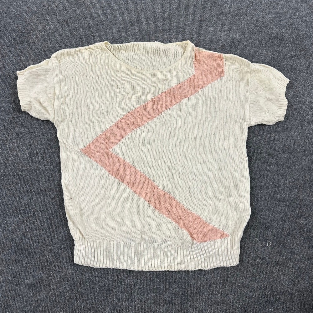 Unbranded Knit Sweater Womens Size M Cream Pink Chevron Short Sleeve Vintage